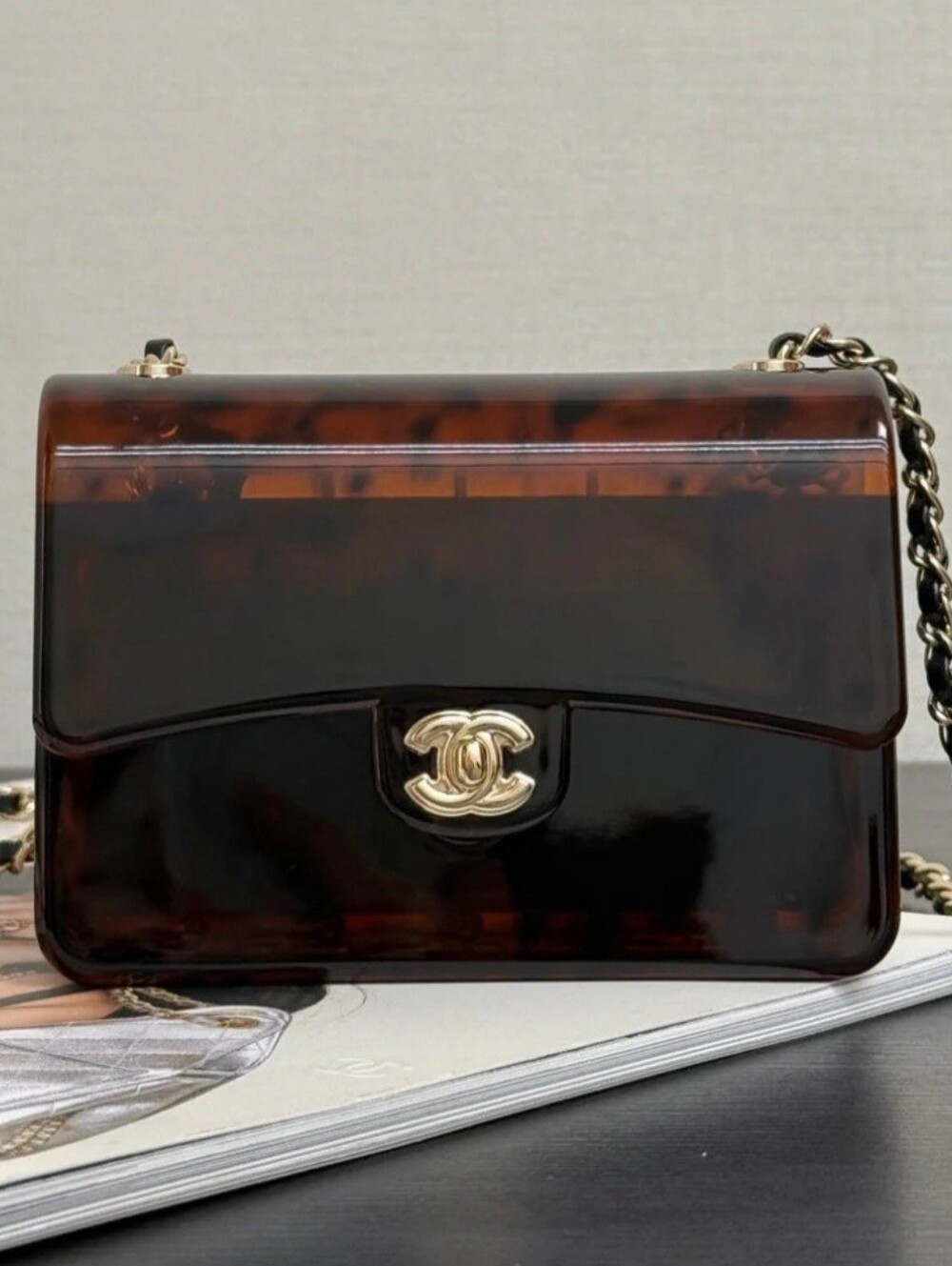 CHANEL Tortoiseshell Resin Crossbody Bag with Gold CC Hardware 12cm